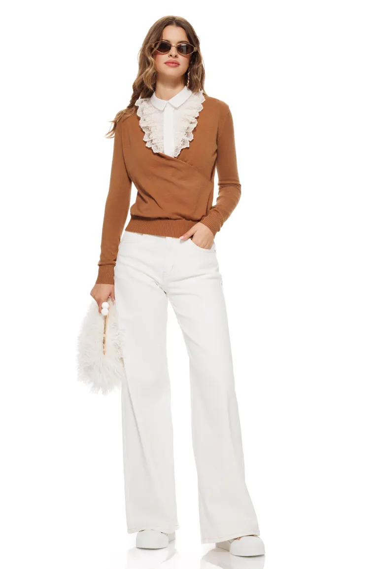 Blugi dama crem premium 2026 cusaturi mocca mouse material elastic croi wide talie inalta picture - 4