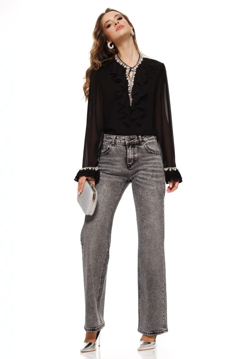 Blugi dama gri cu strasuri croi drept material premium prespalat picture - 2