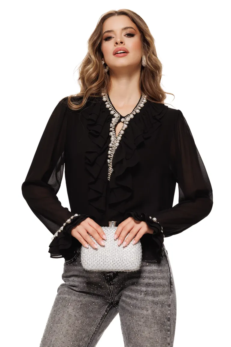 Blugi dama gri cu strasuri croi drept material premium prespalat picture - 4