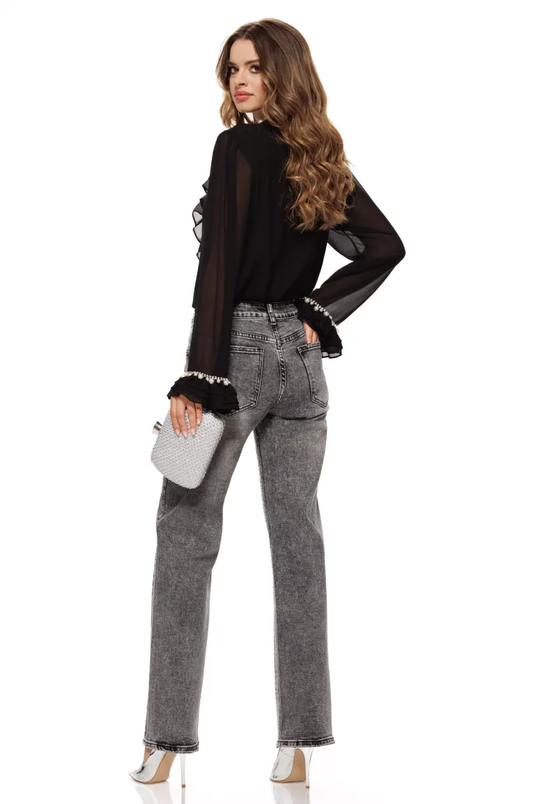 Blugi dama gri cu strasuri croi drept material premium prespalat picture - 3