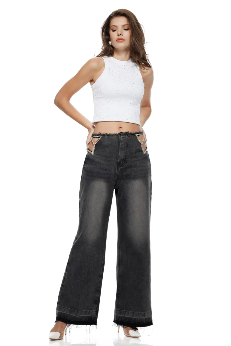 Blugi dama premium negri cu transparente la sold si aplicatii de cristale picture - 5