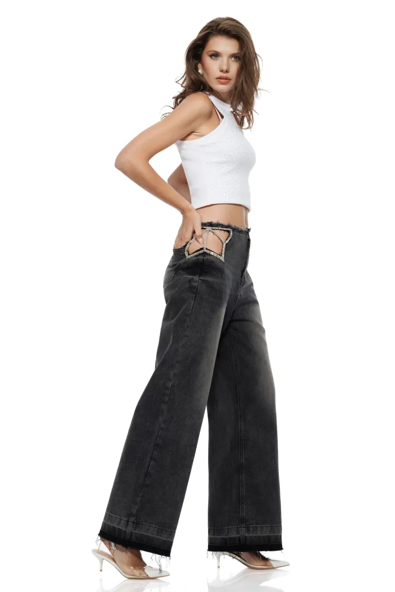 Blugi dama premium negri cu transparente la sold si aplicatii de cristale picture - 2