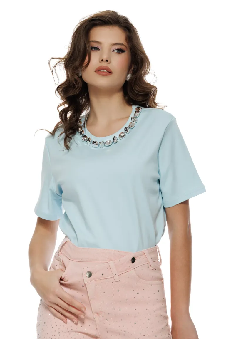 Blugi dama premium water pink fashion trend 2026 cu strasuri si inchidere asimetrica picture - 2