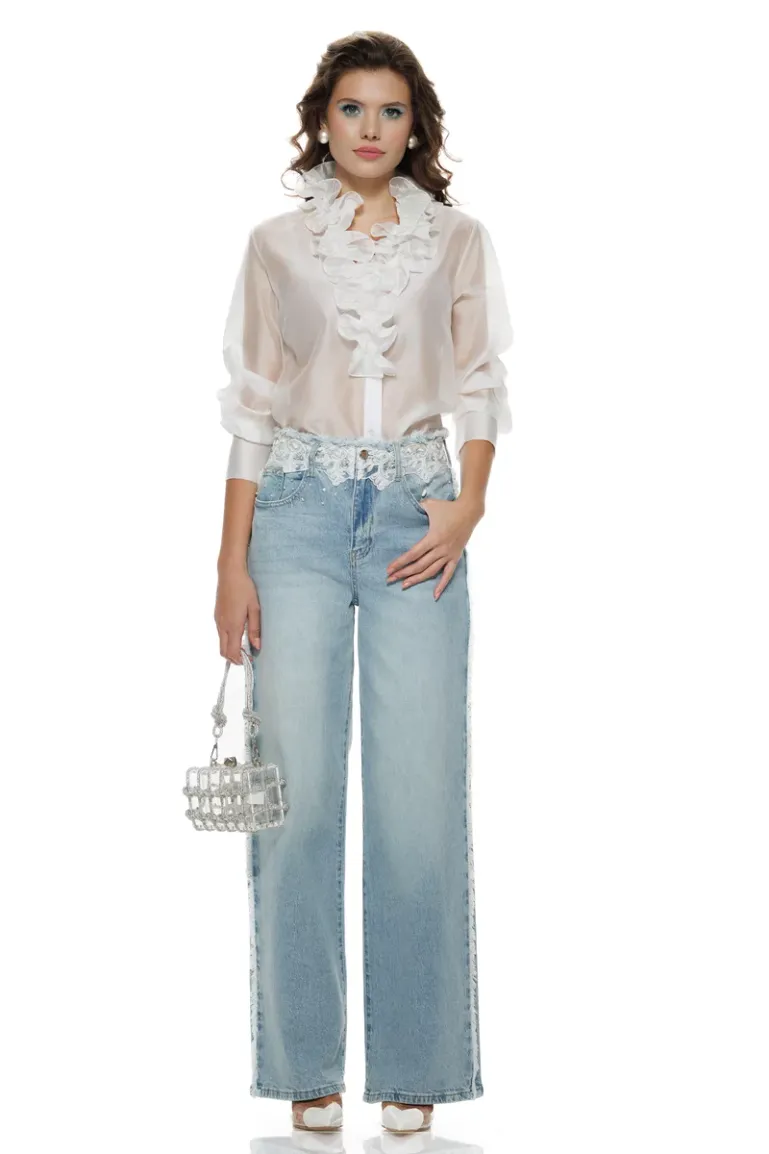 Blugi dama wide premium albastru deschis elastici cu broderie margele cristale si perle picture - 3