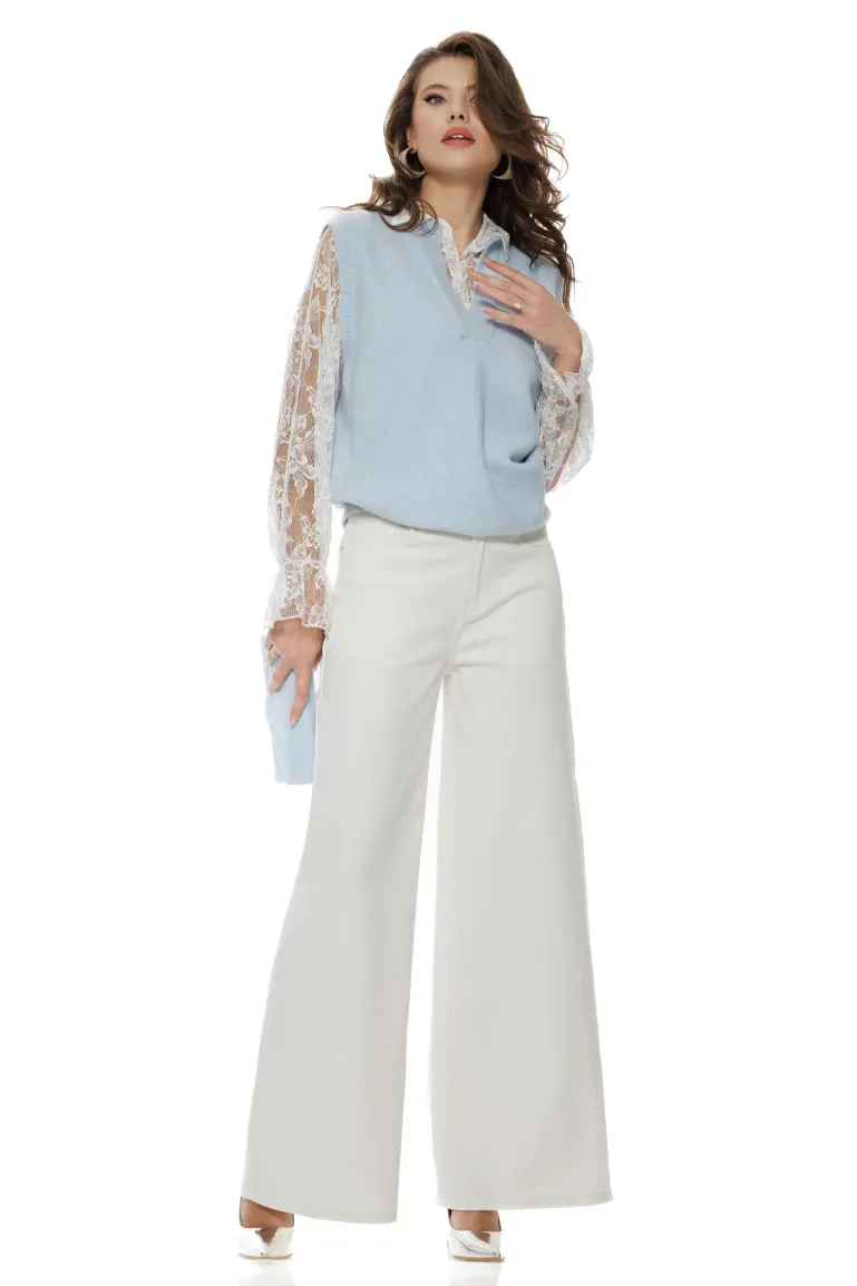 Blugi dama wide premium cloud dancer 2026 elastic cu buzunre baby blue cu strassuri picture - 2