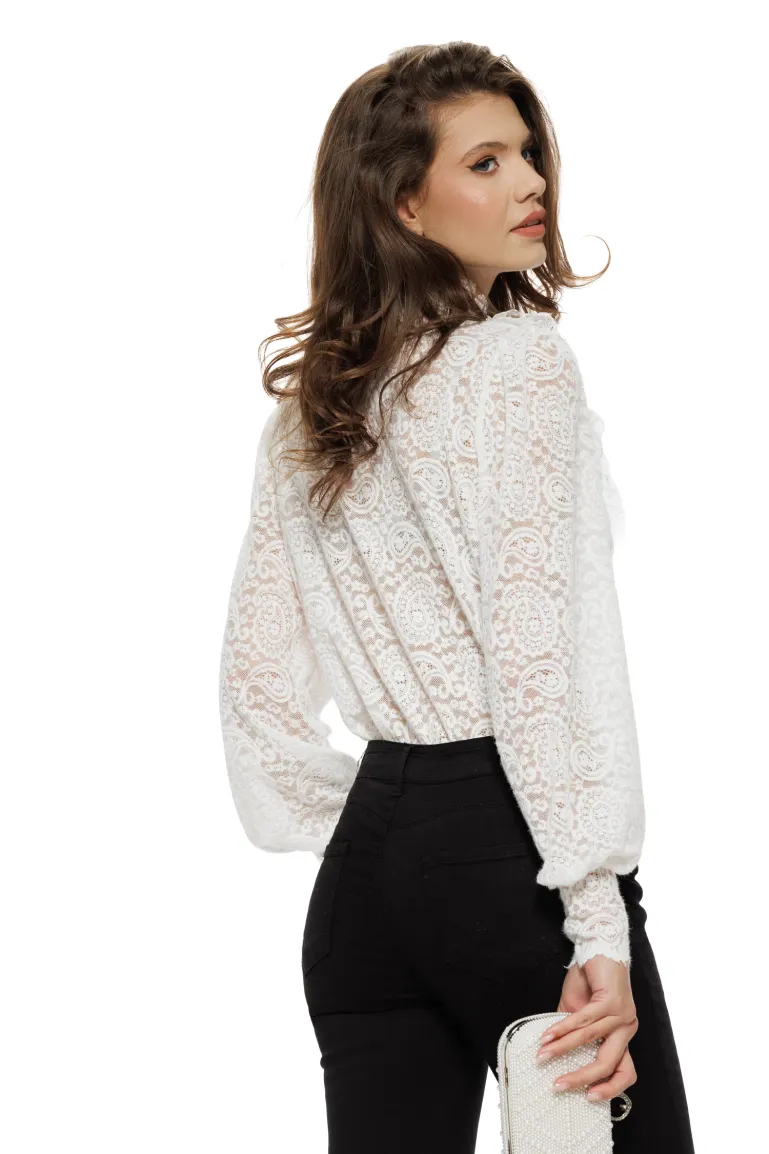 Bluza dama eleganta alba din dantela catifelata cu jabou dantelat conturat cu perle picture - 2