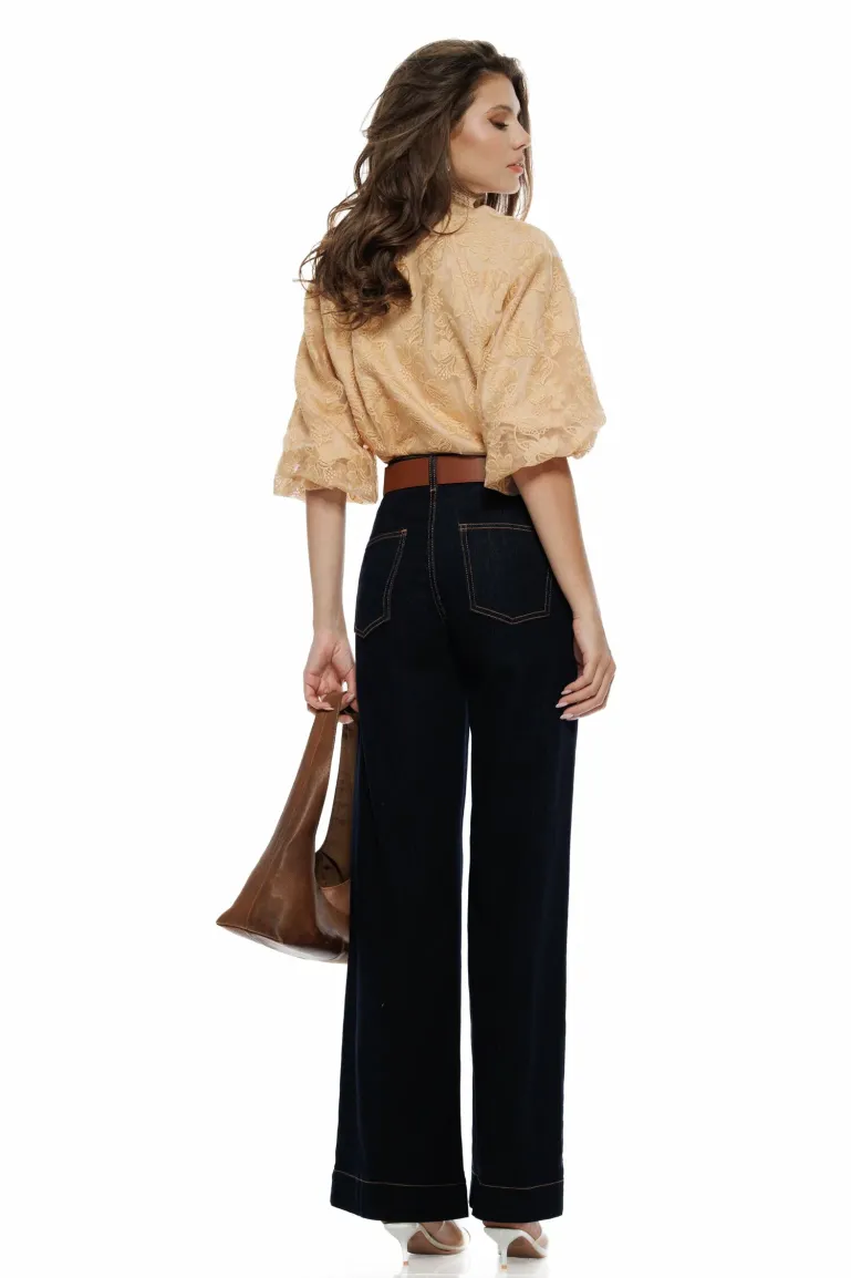 Bluza dama eleganta bej din organza brodata si guler crosetat picture - 3