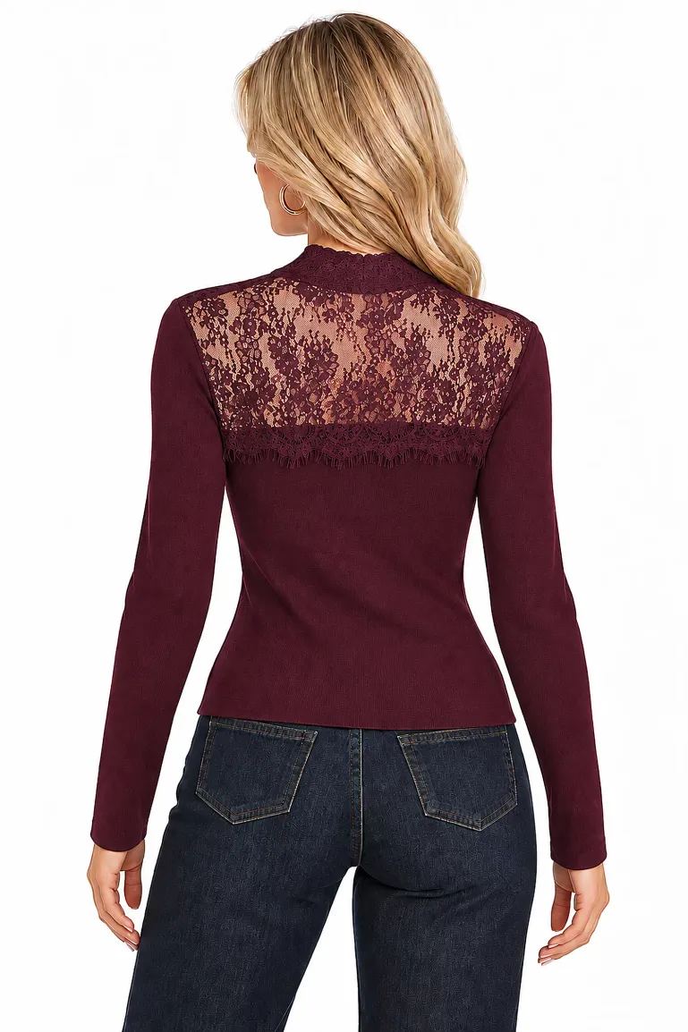 Bluza dama eleganta bordo pruna din tricot premium cu dantela si brademburgurguri cu perla picture - 2