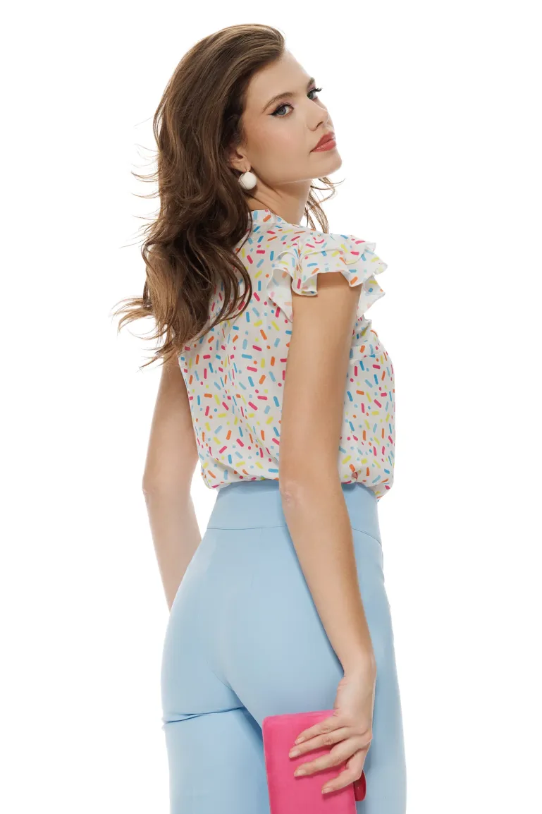 Bluză  Fofy dama eleganta de vara din voal alb cu imprimeu multicolor picture - 2