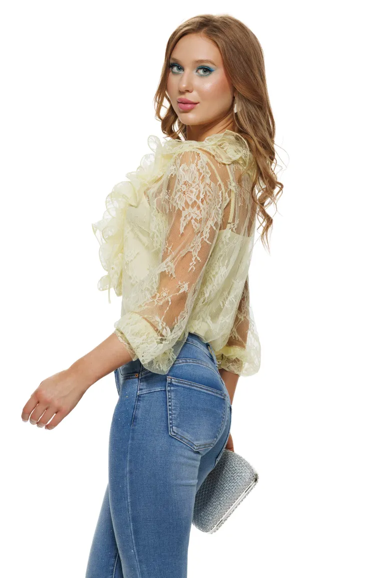 Bluza dama eleganta galbena din dantela premium cu jabou si maiou picture - 3
