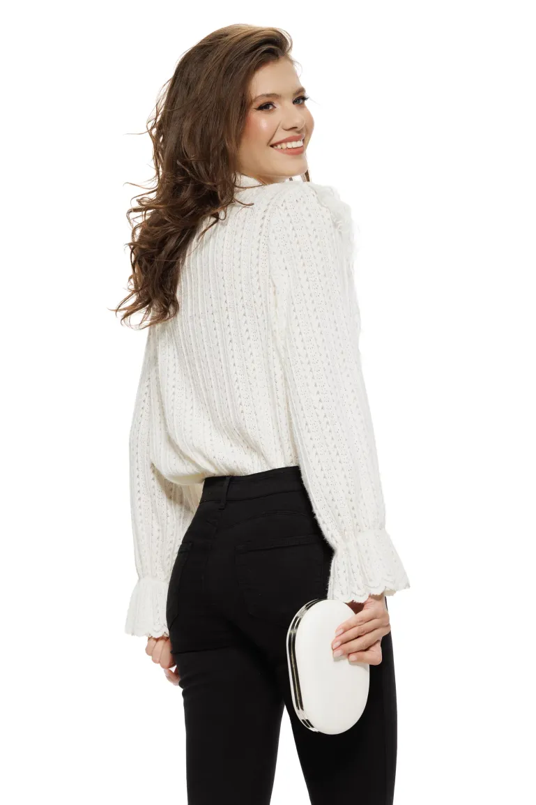 Bluza dama eleganta ivoire din dantela catifelata cu jabou in V dantelat cu aplicatii de cristale maxi picture - 2