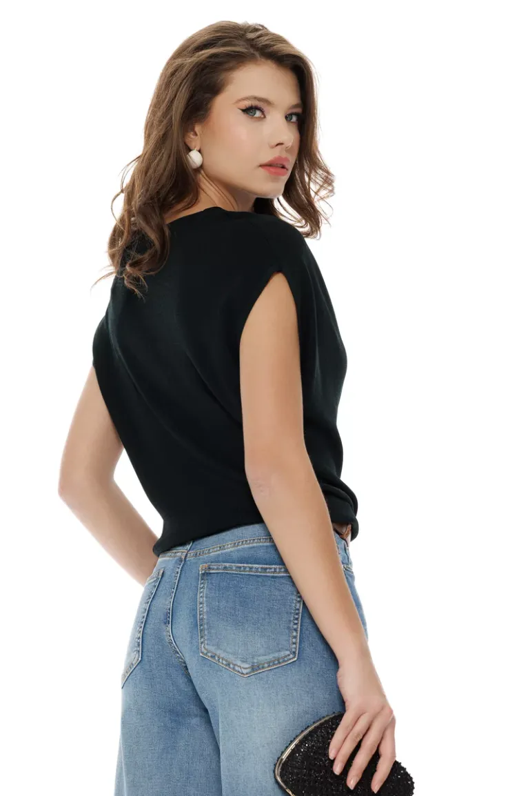Bluza dama eleganta neagra premium cu guler fald si accesoriu metalic detasabil picture - 2