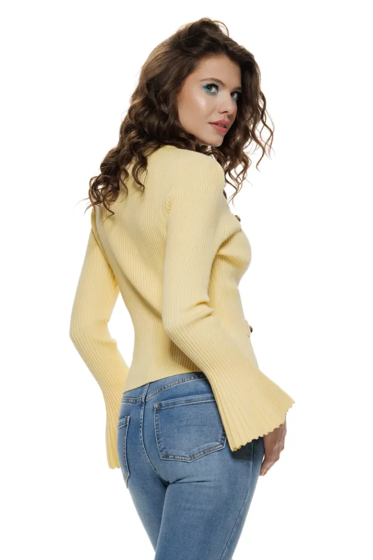 Bluza dama eleganta stil jacheta din tricot galben pai premium cu maneca clopotel plisat picture - 2