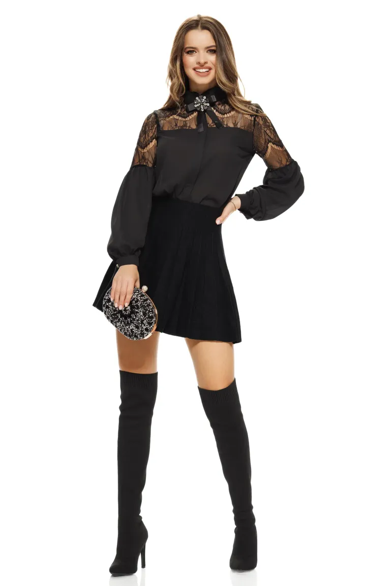Bluza dama Fofy eleganta neagra din voal si dantela premium si brosa cu strasuri detasabila picture - 2