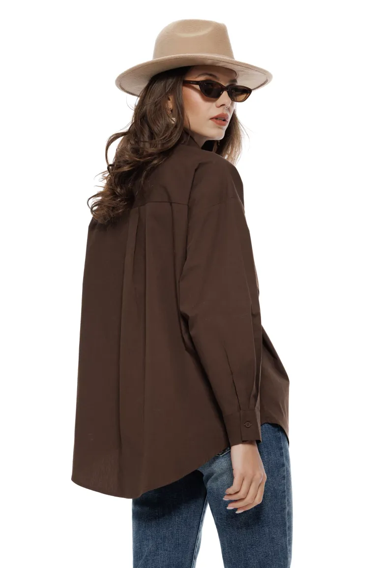 Camasa dama premium din bumbac maro cu accesorii maxi sidefate picture - 2