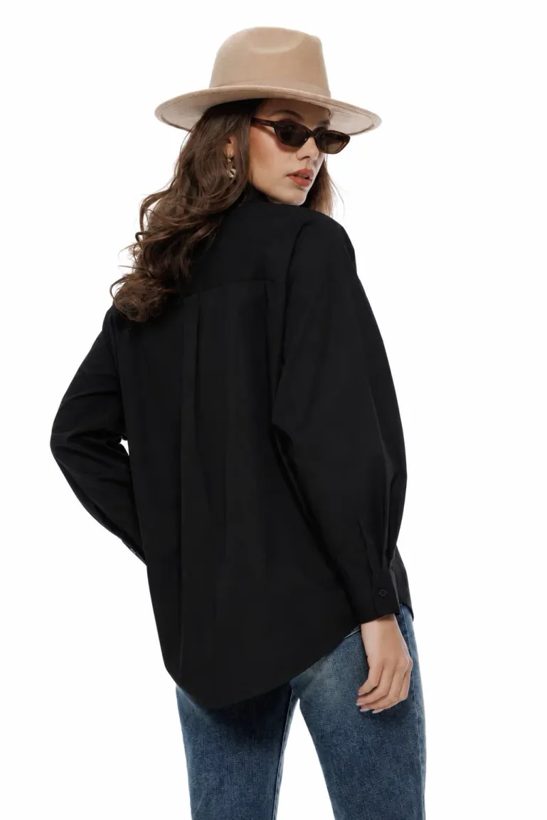 Camasa dama premium din bumbac negru cu accesorii maxi sidefate picture - 2