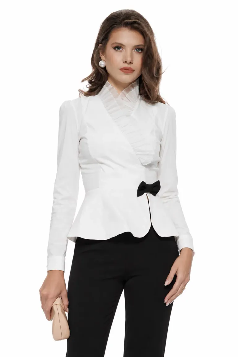Camasa Fofy dama alba decoltata cu volane plisate si funda detasabila neagra picture - 2