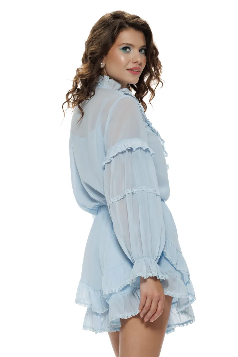Compleu dama baby blue elegant camasa si fusta cu volane si dantela picture - 2