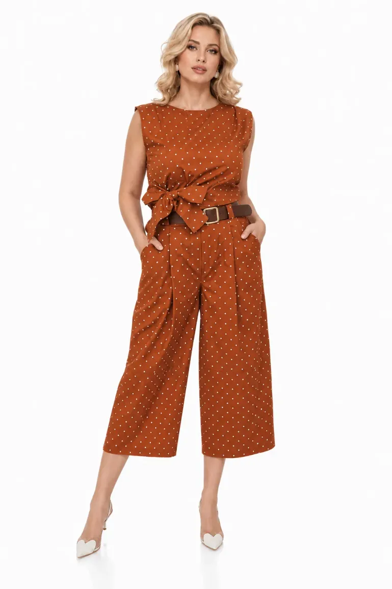 Compleu dama casual din bumbac 100% teracota cu buline pantalon cu centura si bluza cu nod stilizat picture - 2
