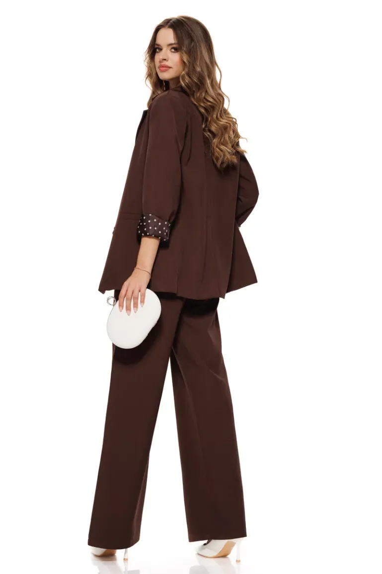 Compleu dama elegant maro sacou si pantalon detalii cu buline picture - 2