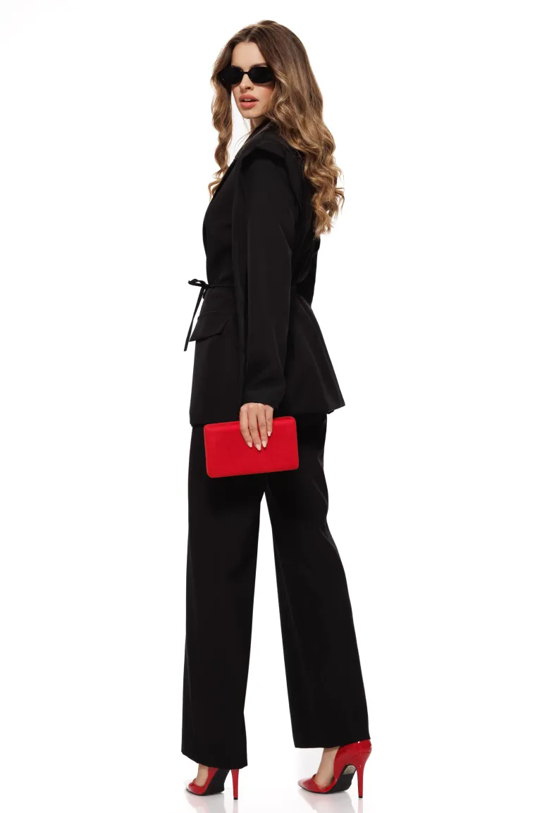 Compleu dama elegant negru sacou cu jnur  revere si pantalon drept cu talie inalta picture - 2