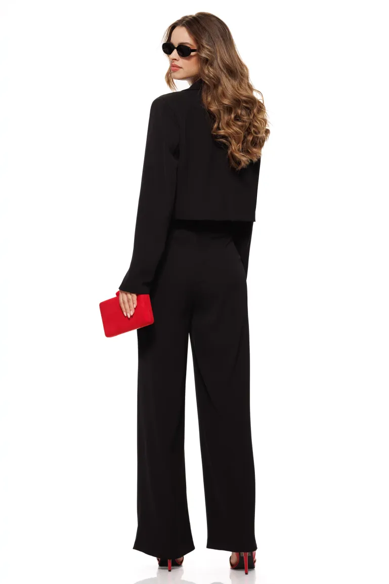 Compleu dama elegant negru sacou scurt cu revere si pantalon palazzo picture - 2