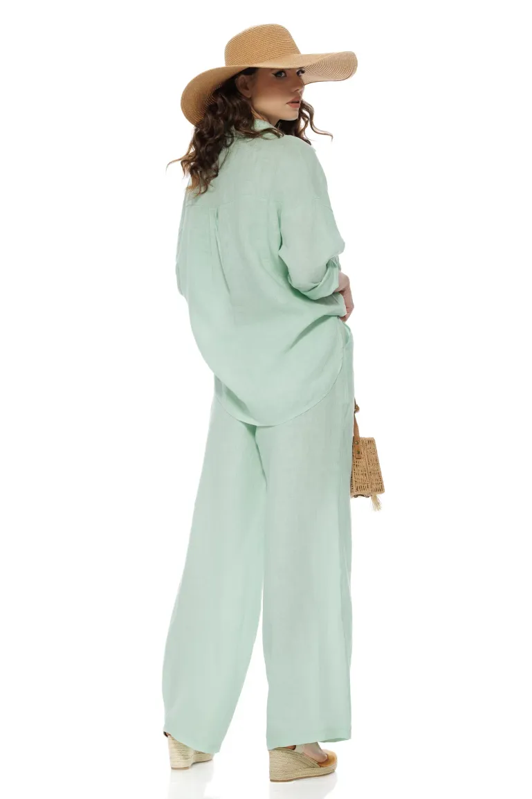 Compleu dama premium verde menta din in 100% camasa si pantalon picture - 2