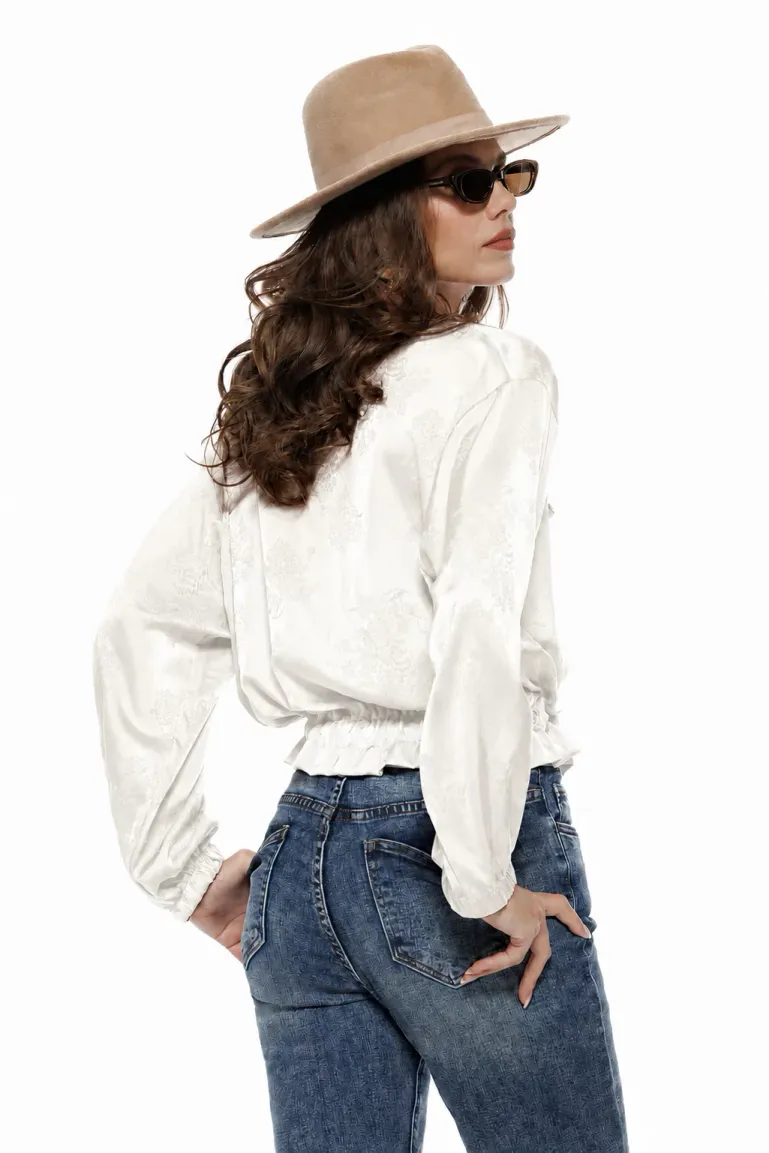 Jacheta dama bomber din satin alb supersoft brademburguri si nasturi militar picture - 4