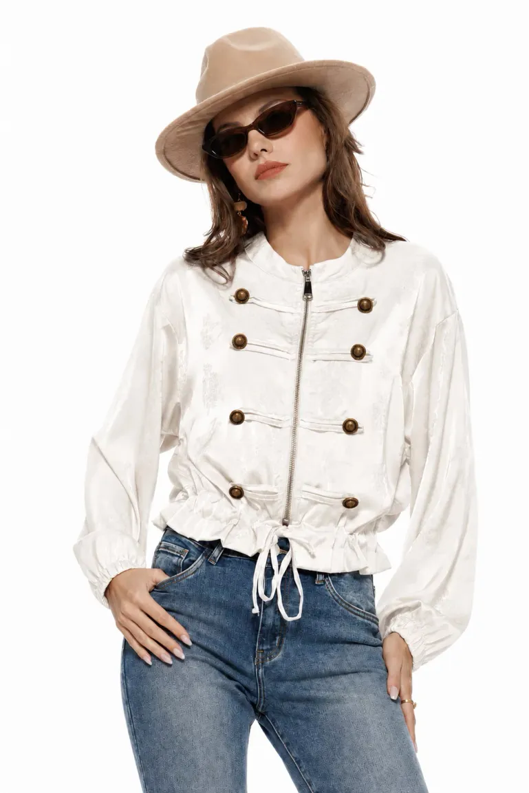 Jacheta dama bomber din satin alb supersoft brademburguri si nasturi militar picture - 3