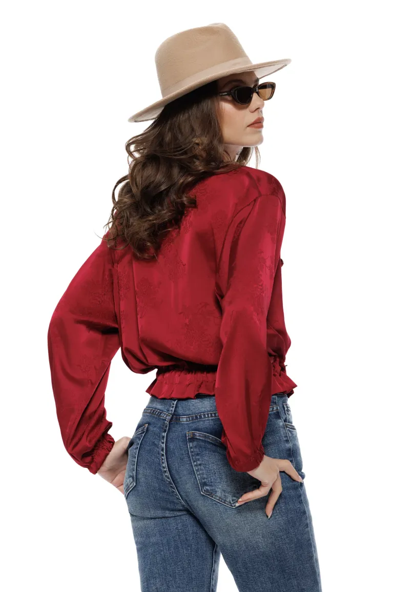 Jacheta dama bomber din satin bordo supersoft brademburguri si nasturi militar picture - 2