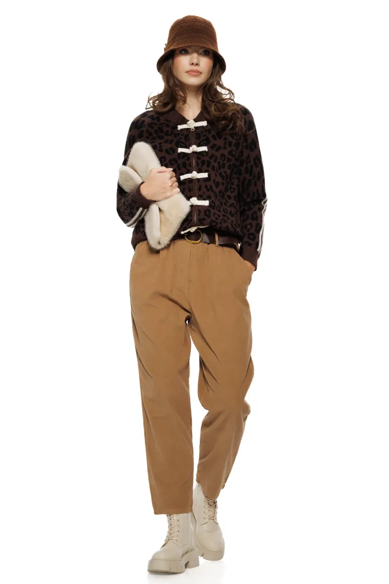 Jacheta dama premium din tricot maro animal print cu brandemburguri crem picture - 2