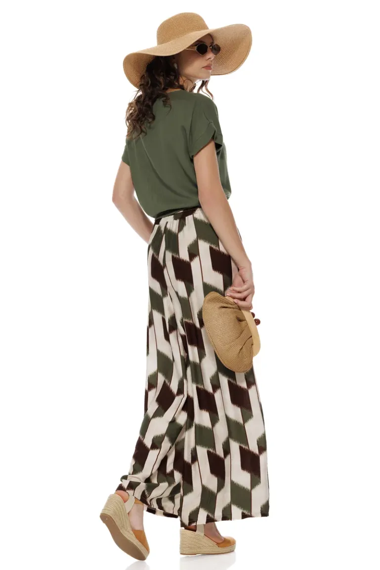 Pantalon dama de vara larg din vascoza premium olive imprimeu geometric picture - 3