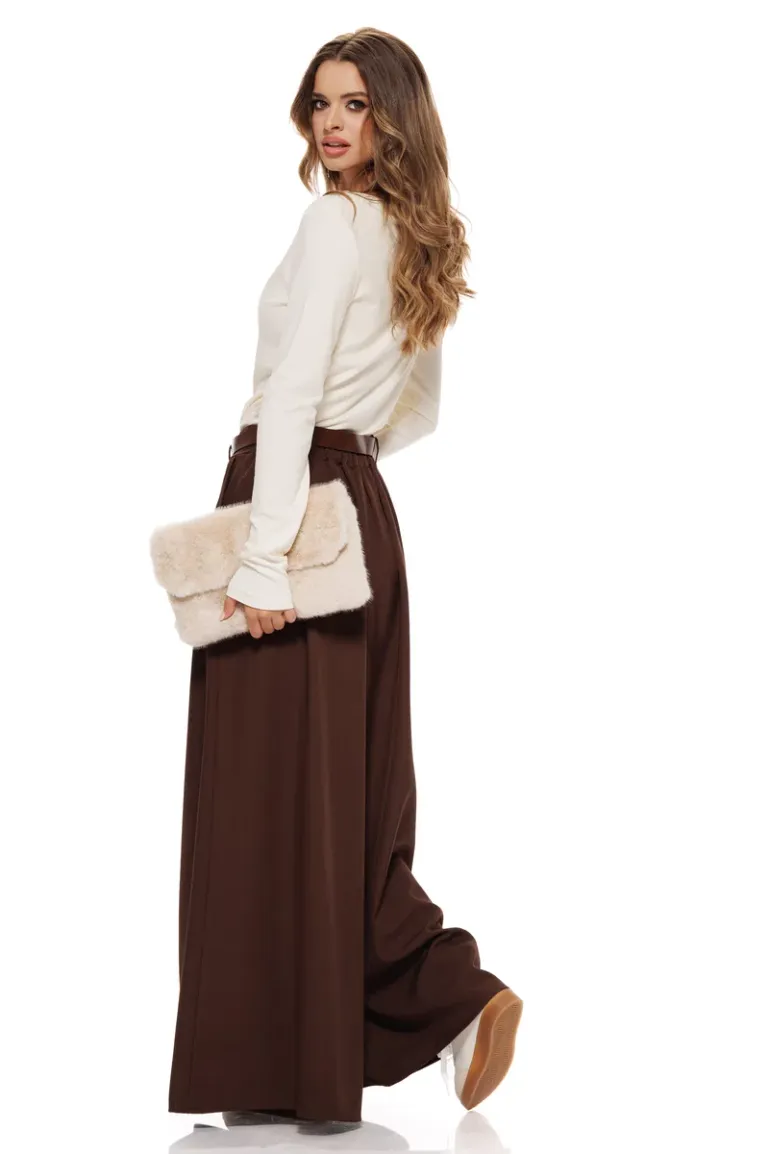 Pantalon dama elegant maro cu croi larg curea pense si buzunare picture - 3