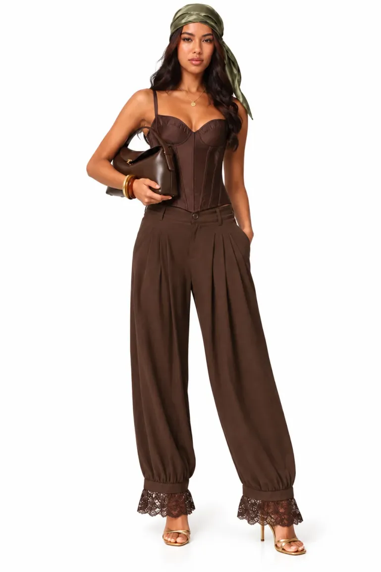 Pantalon dama elegant maro salvar din tafta de vascoza satinata cu volane din dantela picture - 2