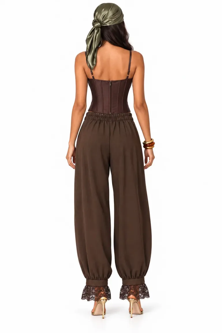 Pantalon dama elegant maro salvar din tafta de vascoza satinata cu volane din dantela picture - 3