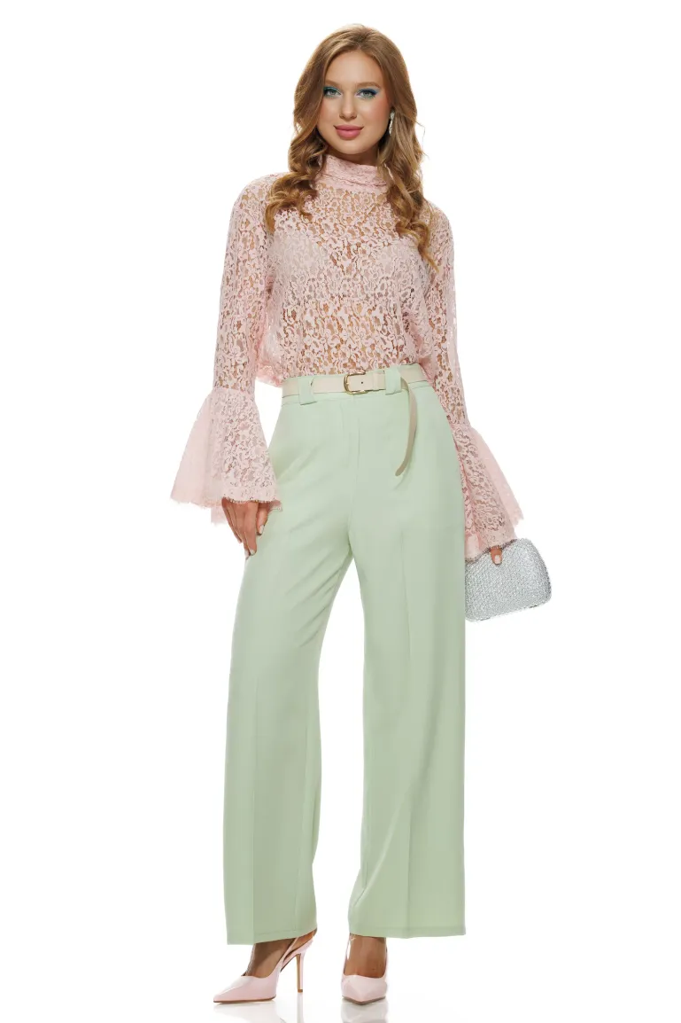 Pantalon dama elegant vernil wide cu buzunare si curea picture - 6
