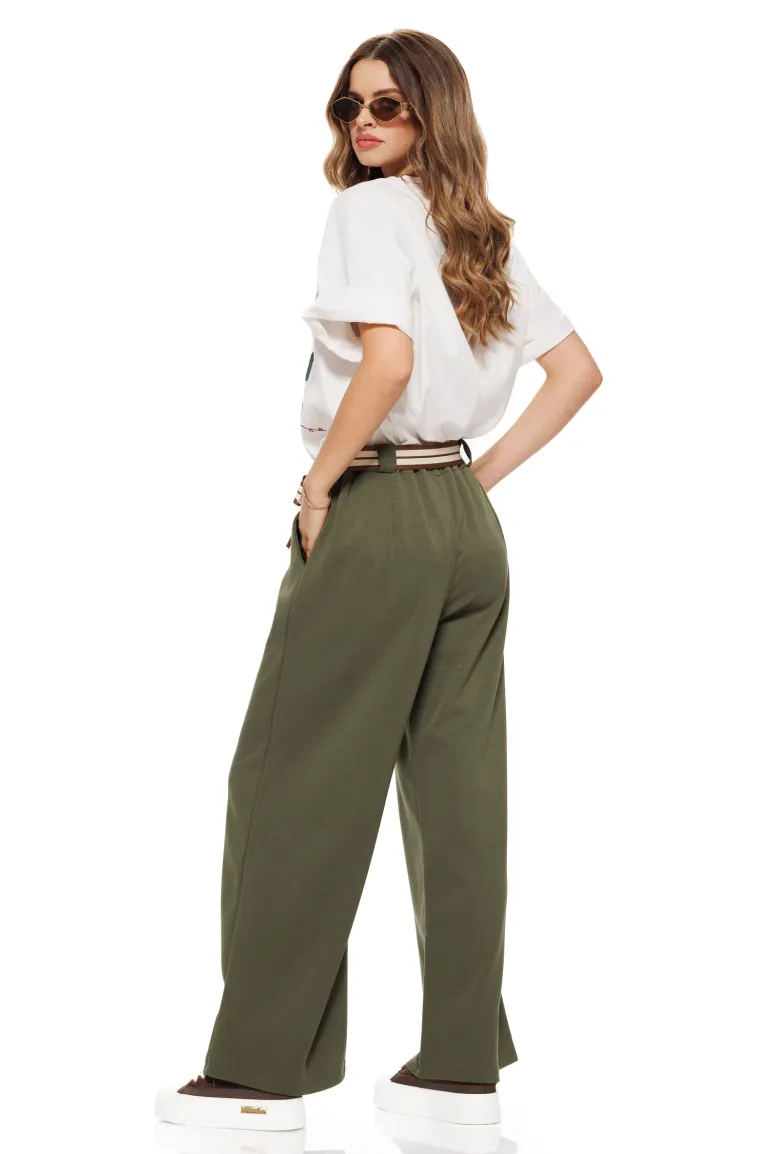 Pantalon dama kaki cu buzunare vascoza cu bumbac croi lejer cu cordon bicolor picture - 2