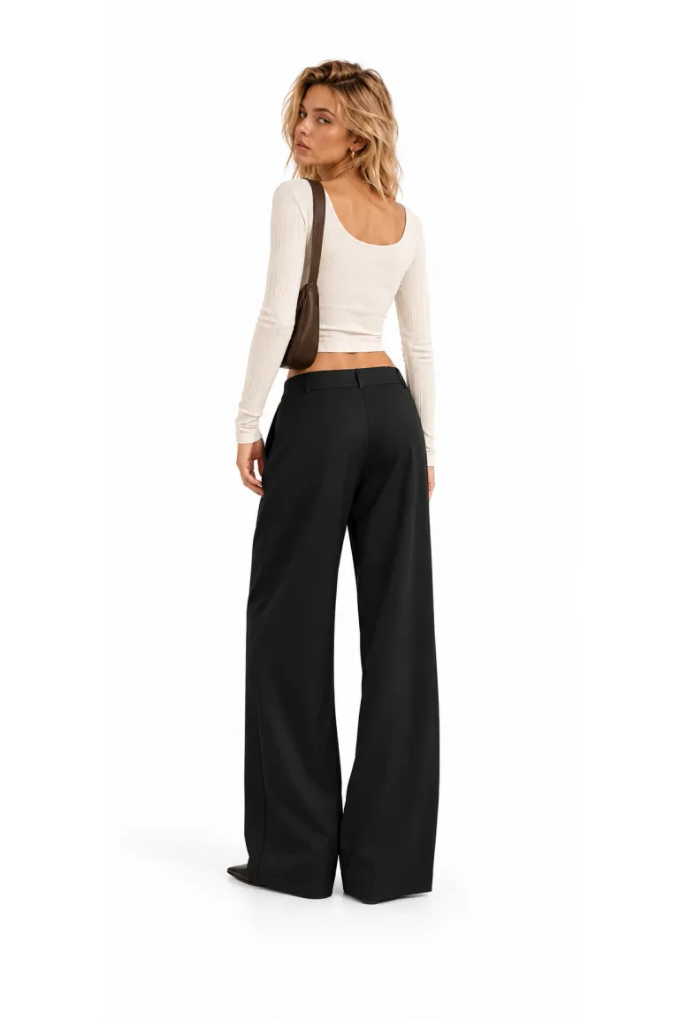 Pantalon dama negru wide cu pense ample talie crossover picture - 2