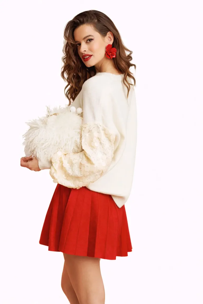 Pulover dama premium festiv crem cu maneci din dantela si paiete picture - 3