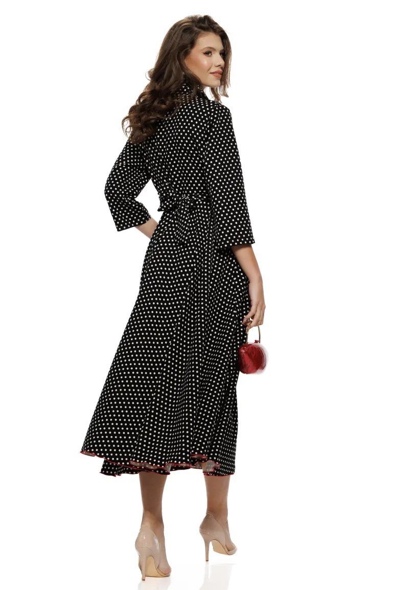 Rochie damă Fofy midi neagra cu buline medii, croi tip cămașă și cordon în talie picture - 2