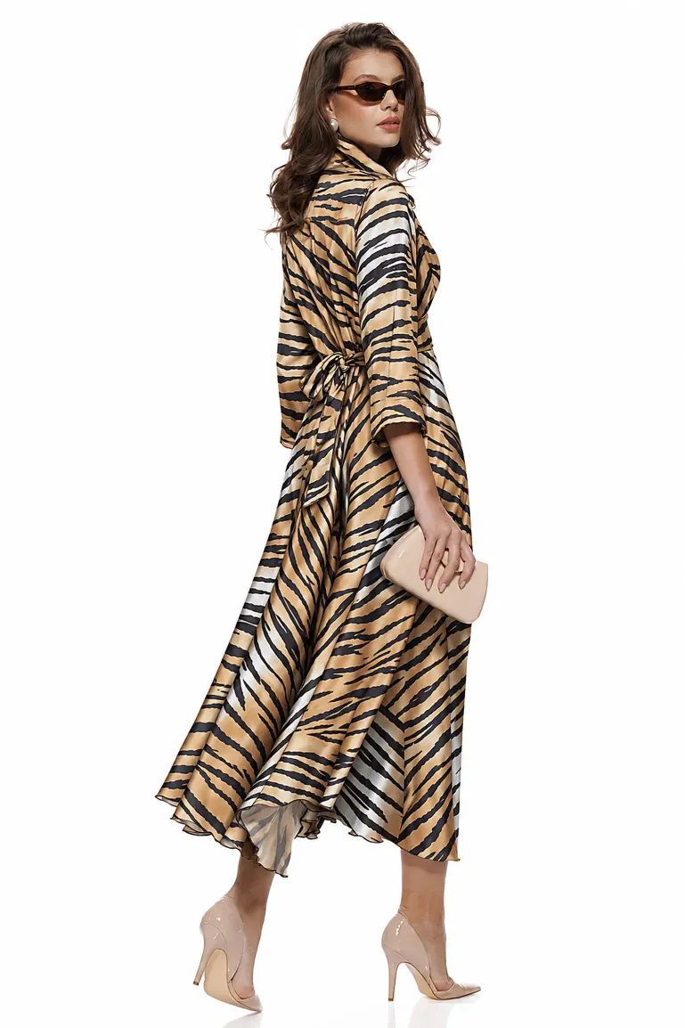 Rochie damă Fofy satin midi animal print, croi tip cămașă și cordon în talie picture - 2