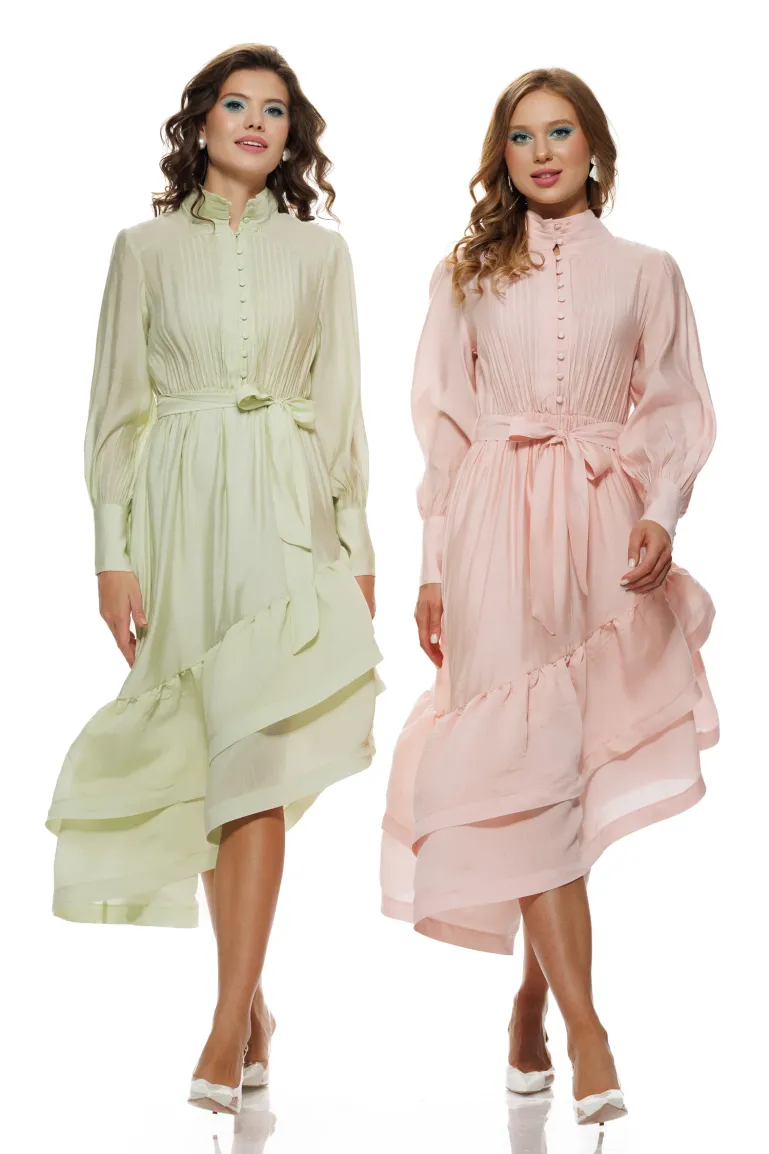 Rochie eleganta fistic din organza premium fusta asimetrica cu volane intarite picture - 2