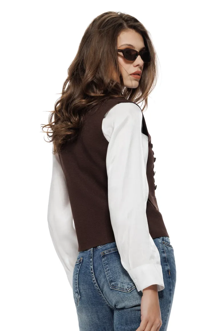 Vesta dama din tricot premium maro design army nasturi metalici si fermoar picture - 2