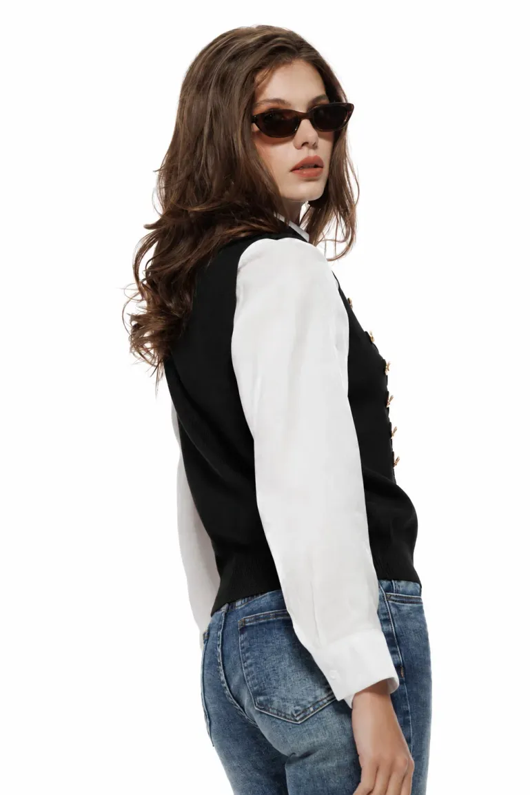 Vesta dama neagra premium din tricot cu brandemburguri aplicate si nasturi metalici aurii picture - 2
