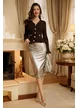 Pulover dama elegant din tricot premium maro cu peplum si nasturi din cristale