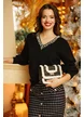 Pulover dama elegant din tricot premium negru cu anchior conturat cu perle