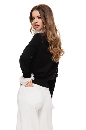 Pulover dama elegant negru cu anchior si aplicatii de perle