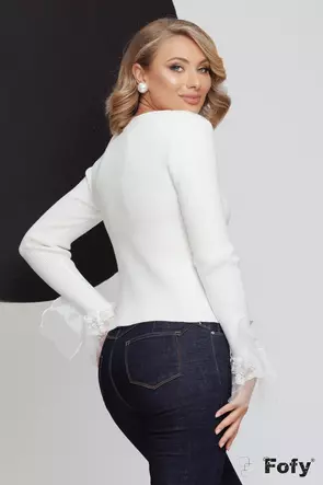 Pulover dama elegant premium alb cu volane de dantela si nasturi cu strassuri