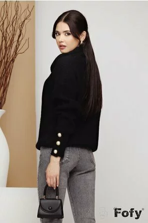 Pulover dama negru cu guler inalt si nasturi perla pe maneci