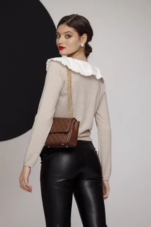Pulover dama premium bej din casmir cu bumbac guler amplu alb